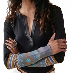 Free People Mikah Layering Cuff Henley Black Combo Print Accent Cuffs / Sz Med.